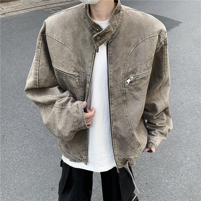 1014-1-AK8627-P80-水洗灰色立领牛仔外套男秋季复古拉链短款外套，男装工装外套，星座1014-1