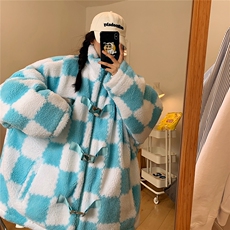 1冬季港风情侣羊羔毛棉衣男棉服男棋盘格宽松外套男MY7535P135，男装棉衣，星座226-2