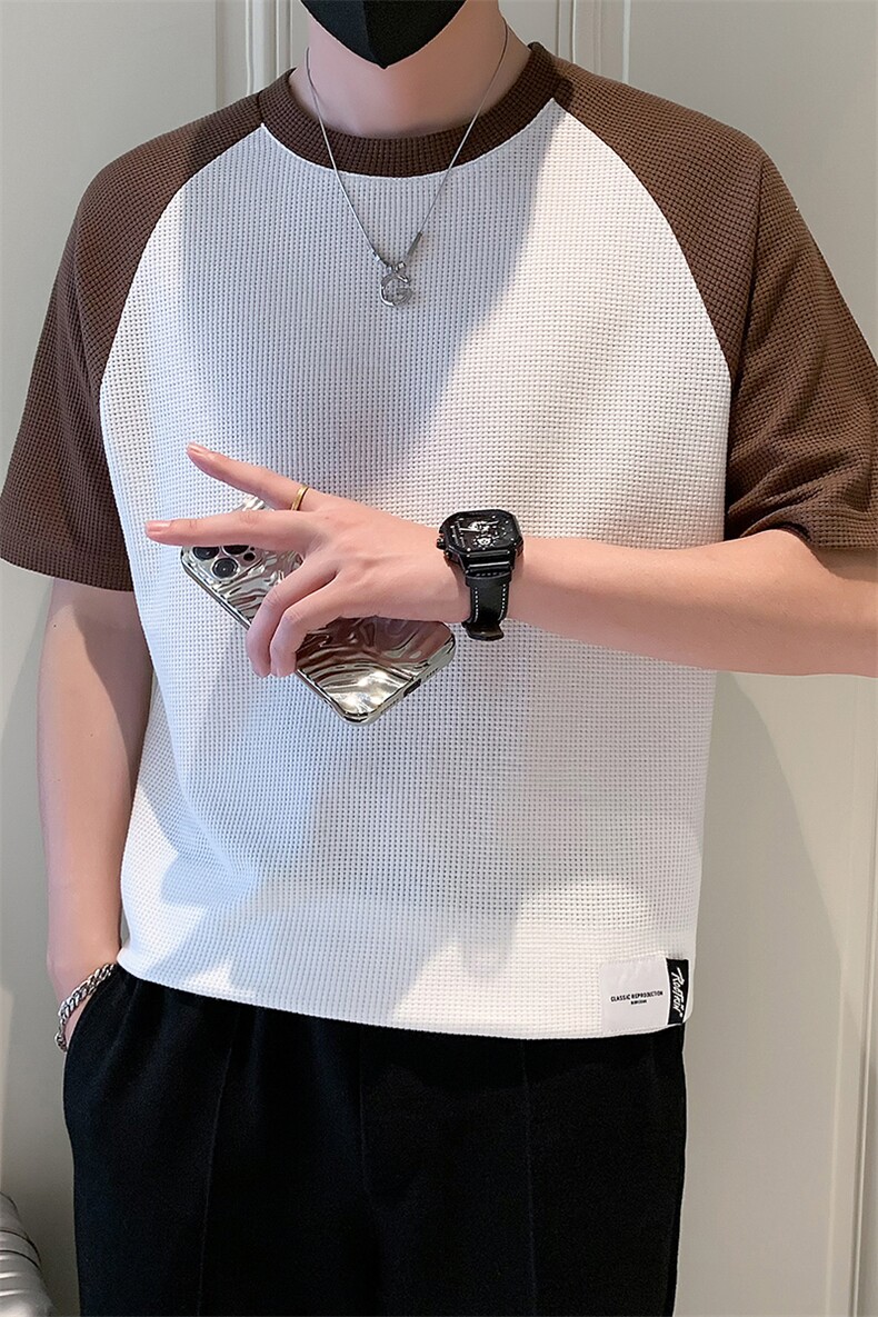 2025新款夏季短袖T恤男潮牌华夫格拼接半袖体恤A313-1-32342-P38,男装T恤,电商A313-1