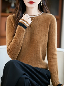 一线成衣撞色边坑条羊毛针织衫女秋冬季新款圆领百搭显瘦毛衣图片