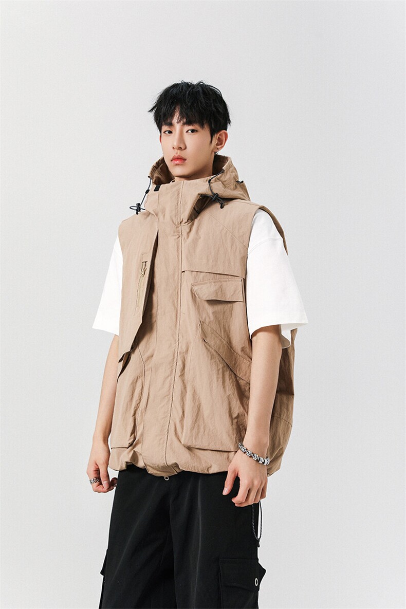 8XL-M四季工装外套街头机能口袋连帽防水无袖马甲坎肩JK1316P78,男装夹克,电商D206-1