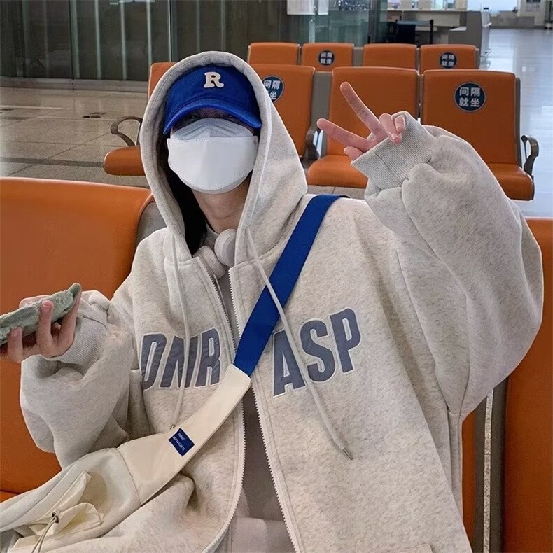 NASA高街国潮开衫卫衣女秋冬拉链连帽美式复古重磅刺绣慵懒风外套，女装卫衣/绒衫，电商B318B