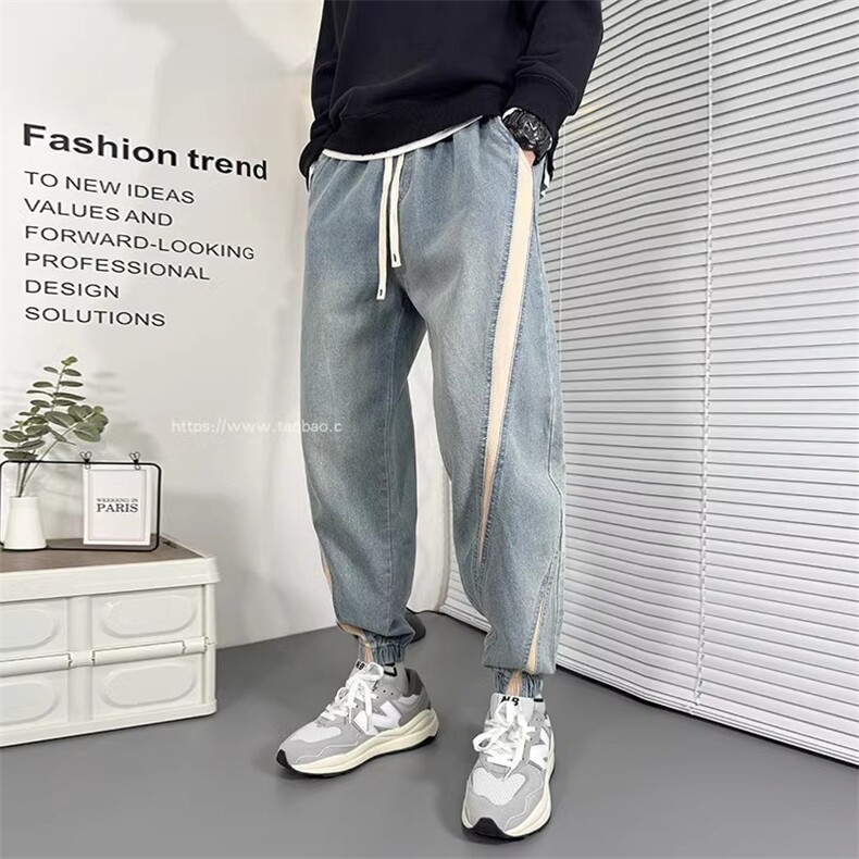 1506-1/KT11201/P44牛仔裤男条纹撞色拼接工装裤宽松直筒束脚牛仔,男装牛仔裤,星座1506-1