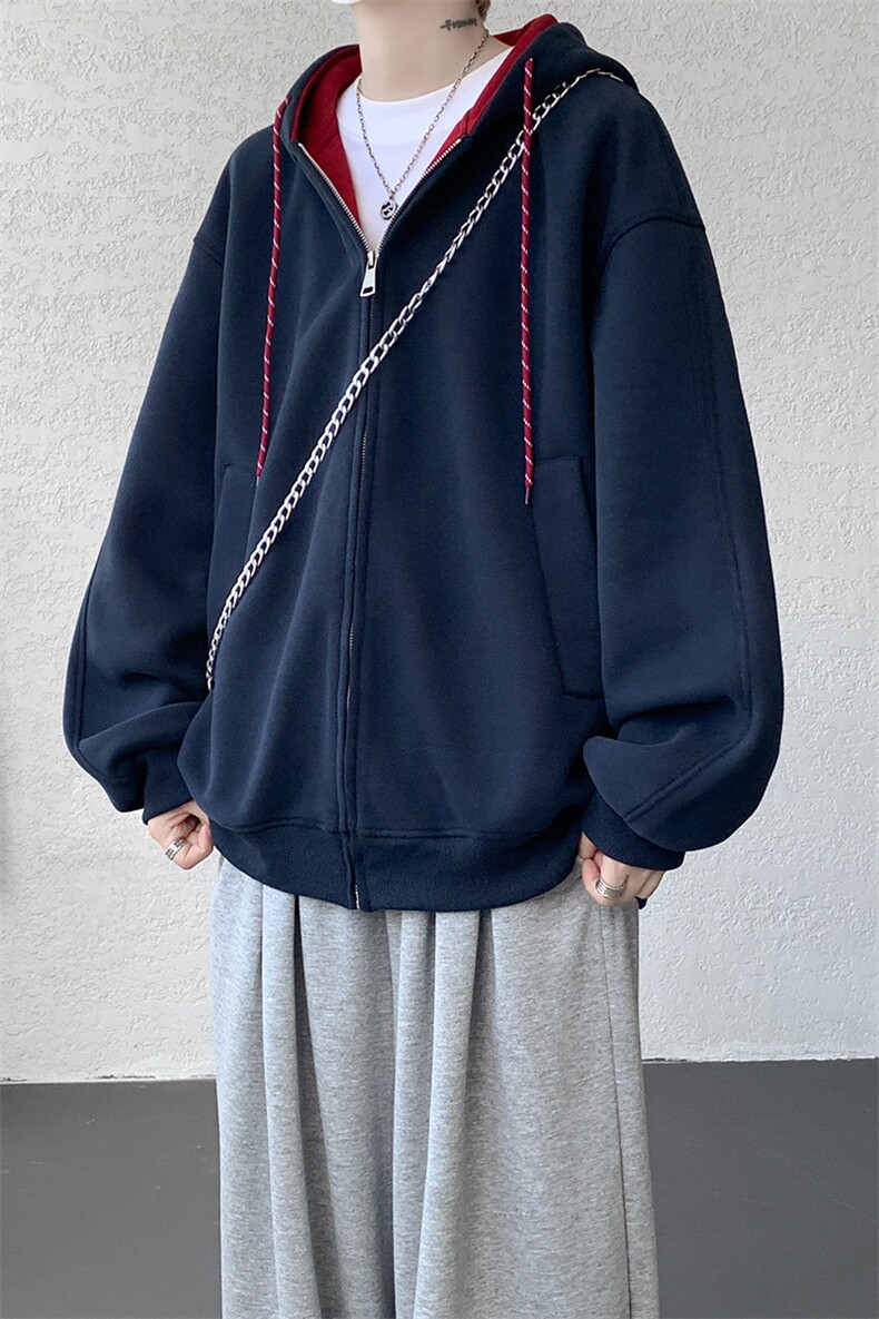 8XL-M秋连帽卫衣男宽松休闲纯色拉链开衫外套拼色帽衫运动WY27P65,女装短外套,电商D206-1