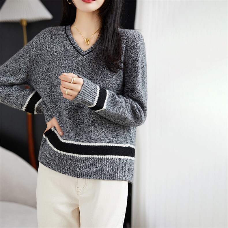 时尚潮流2024年秋冬季新款V领花纱拼色羊毛衫，女装羊毛衫，丽特绒