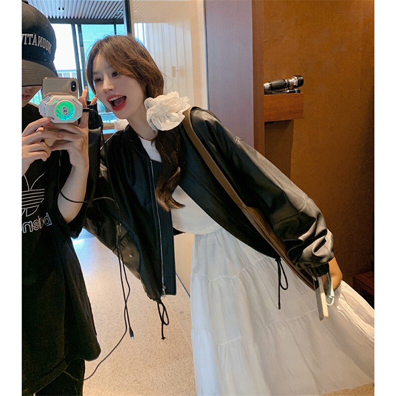 黑色高级感皮衣外套女2025春季新款美式复古宽松休闲小个子机车服,女装皮草,诺蝶