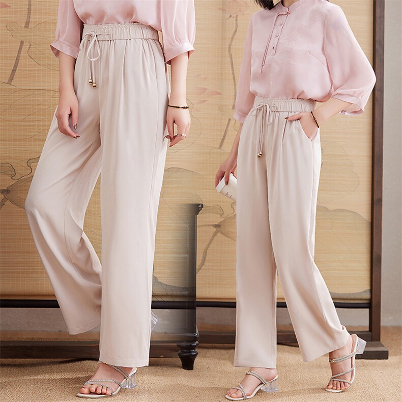 新中式阔腿裤女夏薄款2025新款高腰显瘦亲肤丝滑凉爽透气长裤，女装休闲裤，媚琳依坊