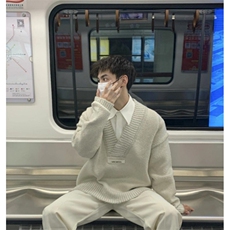 白杏色重磅V领套头毛衣文艺范复古毛衫针织衫M6318，男装针织衫/毛衣，星座1116A（原606A-3）