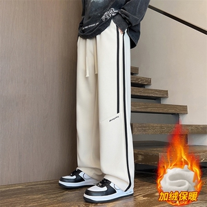 wassup happy美式条纹裤子男款秋冬季加绒加厚保暖阔腿裤休闲长裤图片