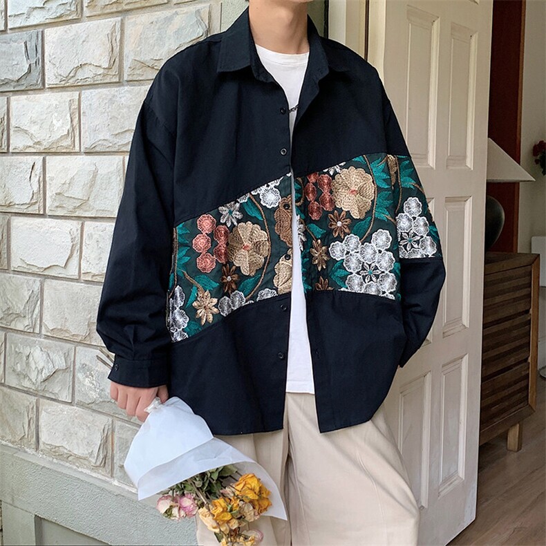 港风长袖衬衣男情侣大码M-5XL中性风刺绣潮长袖衬衫男CS9743P50，男装衬衫，星座227-7