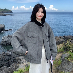 现货：冬装新款复古韩系撞色毛呢羽绒服2C135-8927P285K428图片
