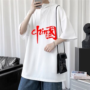 LD54199-P45 连帽短袖t恤男大码胖子带帽五分袖中袖图片