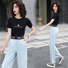 套装/套裙女2021夏季新款小雏菊短袖时尚天丝牛仔裤两件套装潮，女装套装/套裙，瑶迪依秀