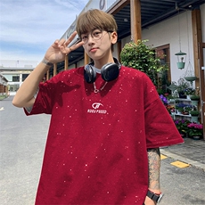 可48小时发货支持抖音得物来样二开美式满天星亮片短袖T恤MTX681，男装T恤，电商A486-1