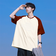 抖音得物高品质二开240克宽松纯棉美式潮牌插肩袖拼接短袖T恤，男装T恤，电商A486-1