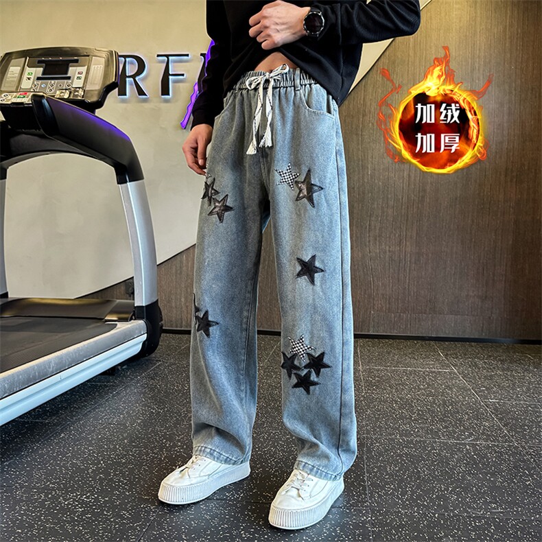 秋冬加绒牛仔裤 男士五角星贴布直筒牛仔裤男弯刀裤901N47加绒P68图片