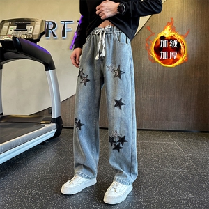秋冬加绒牛仔裤 男士五角星贴布直筒牛仔裤男弯刀裤901N47加绒P68图片
