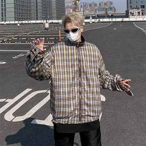 日系复古双面穿格子外套男女春秋潮牌设计感美拉德立领工装夹克图片