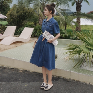 2023新款夏韩版牛仔连衣长裙短袖修身显瘦大摆裙图片