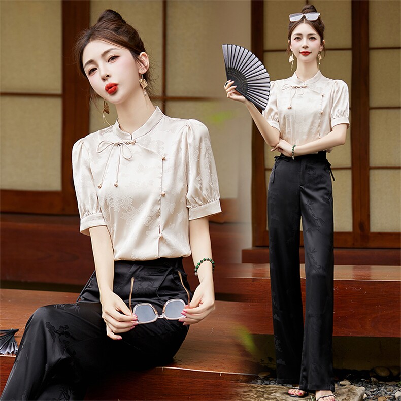 新中式国风套装女2024年夏季新款高级感别致改良旗袍阔腿裤两件套，女装套装/套裙，然然