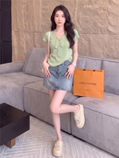 女夏新款时尚套装裙气质显瘦蕾丝拼接蝴蝶结针织衫牛仔短裙两件套，女装套装/套裙，江南