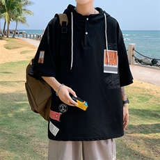 LD54121-P45连帽短袖t恤男大码胖子带帽五分袖中袖，男装T恤，电商A040