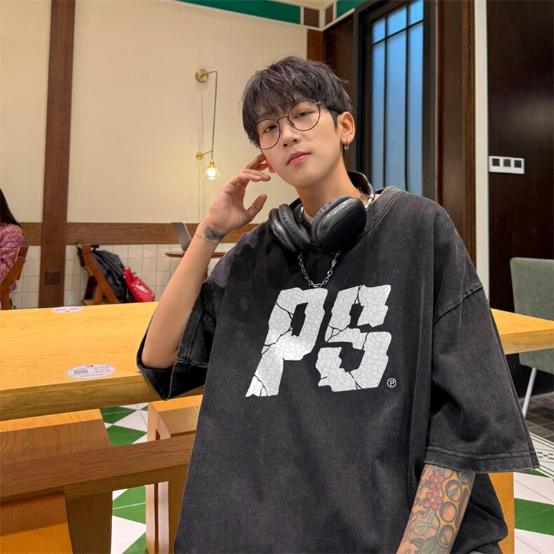 量大优！供视频240克重磅美式炒雪花水洗做旧短袖T恤,男装T恤,电商B367
