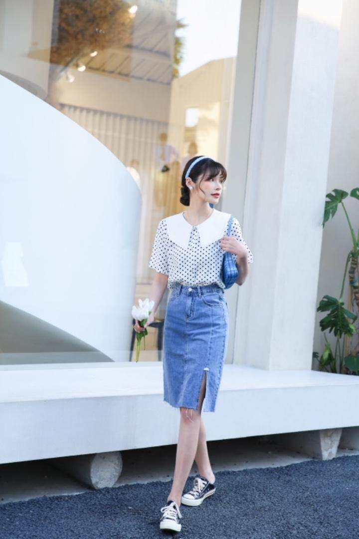 小清新不规则领波点小衫，女装，如问