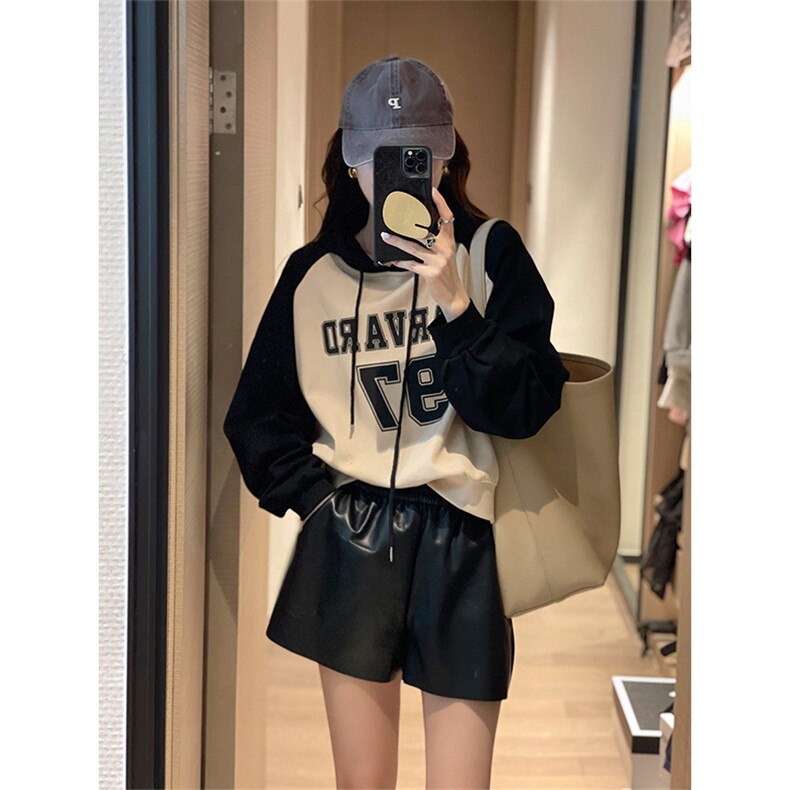 小个子撞色连帽字母卫衣2022秋季新款韩版时尚宽松运动数字上衣女,女装卫衣/绒衫,辉之琳