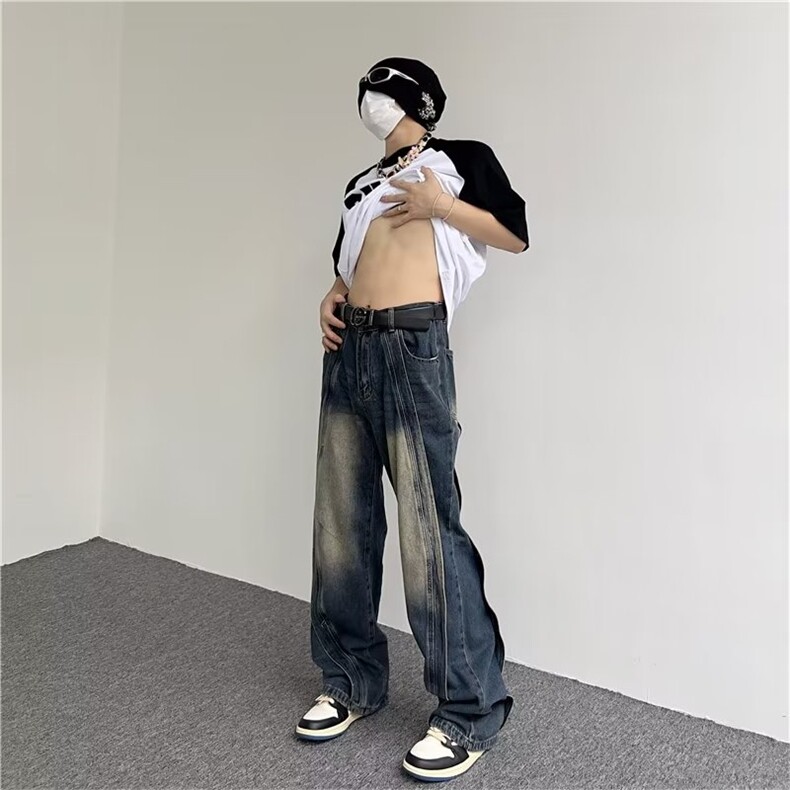美式重磅高级感拼接牛仔裤男宽松高街阔腿垂感直筒裤长裤~K1664,男装牛仔裤,星座601-2