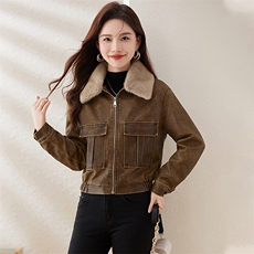 复古加绒皮衣外套女小个子短款2023冬装新款配毛领修身机车服夹克，女装棉衣/棉服，潮流依族