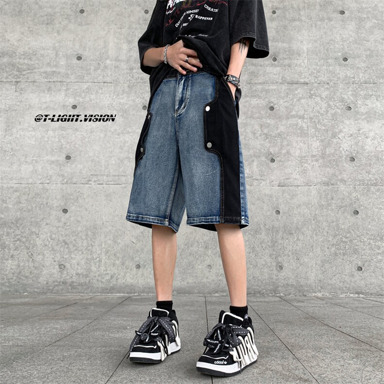 B221美式ins高街暗黑小众个性款牛仔短裤五分裤LK23100-P60控78,男装牛仔裤,电商B221