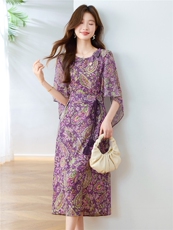 优雅气质贵夫人印花连衣裙女2025夏季薄款收腰显瘦女人味绝美裙子，女装连衣裙，布芭啦