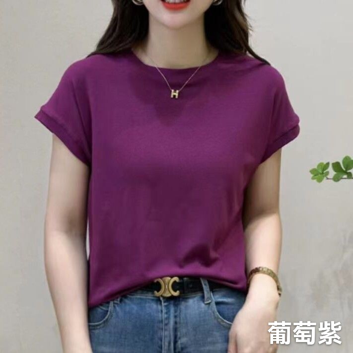 2025时尚百搭简约短袖纯色休闲日常,女装T恤,思沃羊绒
