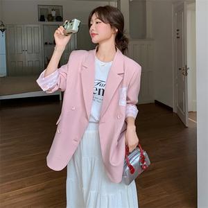 粉色蕾丝拼接西装外套女春秋2025新款爆款超火西服独特漂亮设计感图片