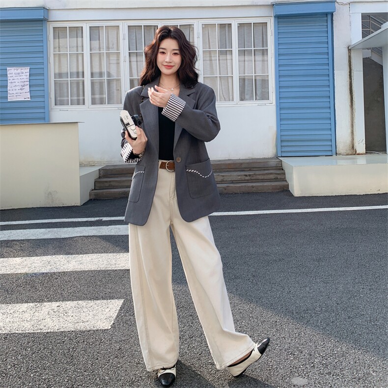 28081-7708-P145-K218春装新款灰色休闲百搭设计感西装外套,女装西装,韩蜜菓