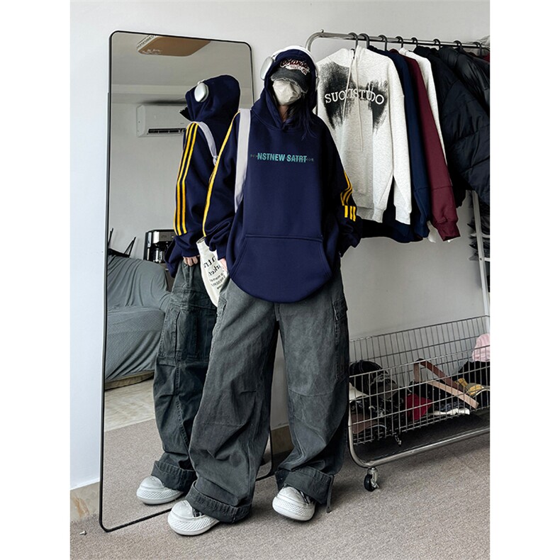 抖音得物供货提供视频秋冬重磅美式宽松织带连帽卫衣2310,男装卫衣,电商A486