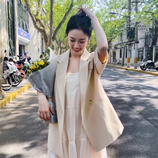 纯色西装秋季2021新款女装中袖腰带修身显瘦中长外套166-XZ05P85，女装西装，茜茜公主