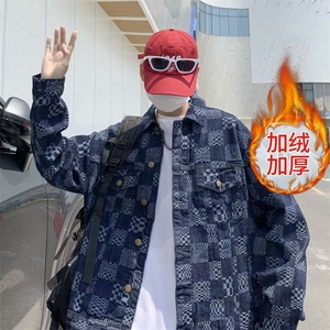 加绒加厚羊羔绒美式秋季夹克新款男时尚潮牛仔格子外套RB57P70
