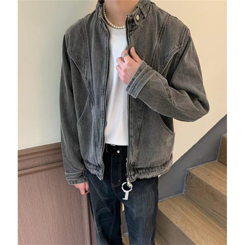 复古活页水洗牛仔夹克男简约拼接裁剪立领外套春秋冬J29,男装夹克,星座1116A（原606A-3）