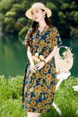 夏天宽松大码印花短袖连衣裙女2025新款洋气减龄显瘦棉麻碎花裙子，女装连衣裙，倪叶myz