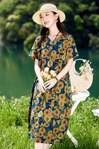 夏天宽松大码印花短袖连衣裙女2025新款洋气减龄显瘦棉麻碎花裙子图片