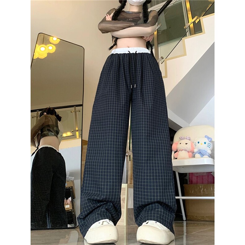 AK2499-p45撞色白腰格子宽松春秋阔腿裤,女装休闲裤,星座617A-2