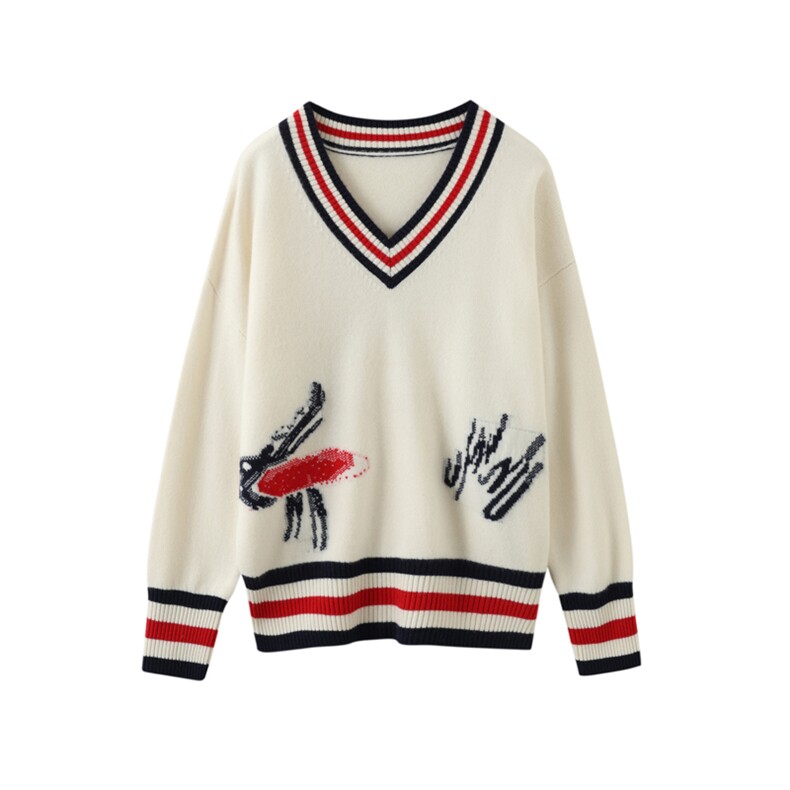 V领条纹拼色羊绒衫女2024年秋冬新款宽松显瘦长袖针织打底，女装羊绒衫，温达纯山羊绒