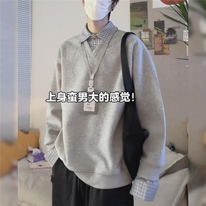 早春简约格子假两件polo翻领卫衣男款上衣打底衫CWY11-P45图片