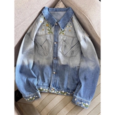 JK8973-P73美式复古秋季新款花卉潮牌设计感渐变刺绣牛仔夹克，男装夹克，电商B323A