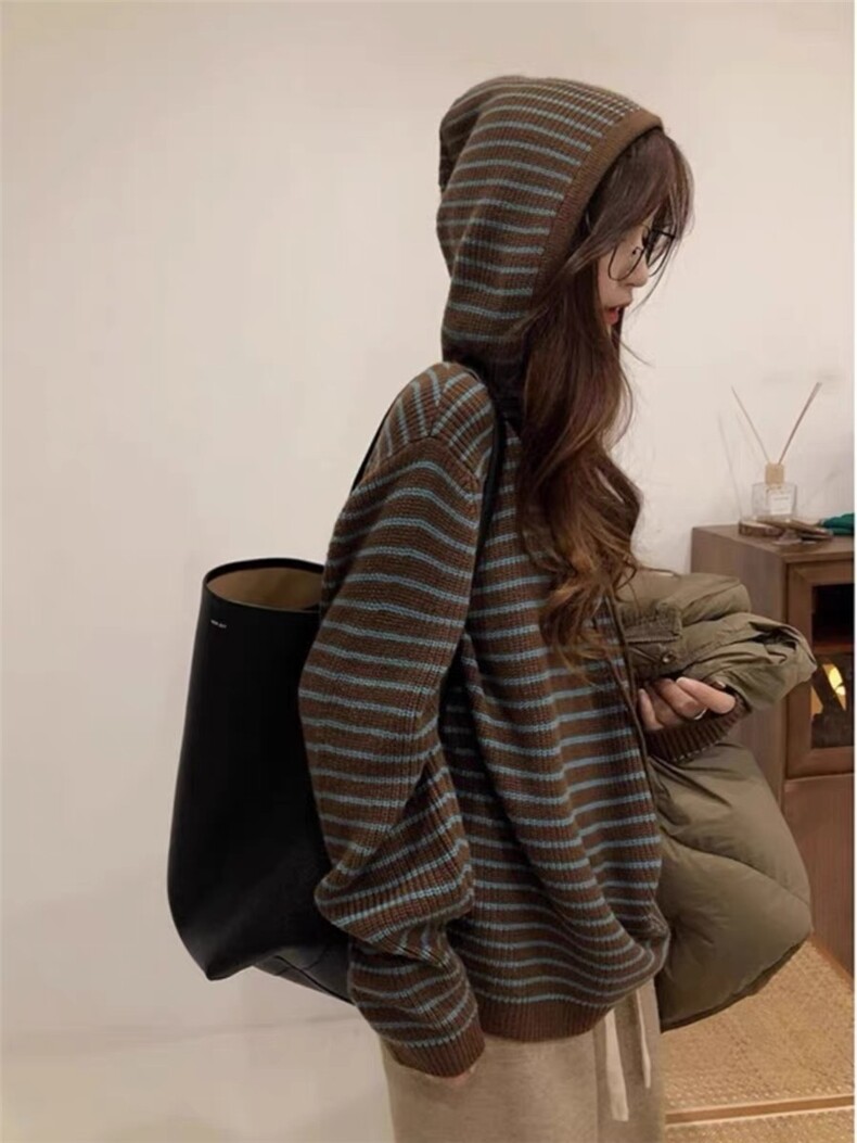 韩版条纹包芯纱帽衫女装宽松显瘦针织衫柔软舒适毛衣外套,针织衫/毛衣,雪真羊绒