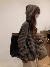 韩版条纹包芯纱帽衫女装宽松显瘦针织衫柔软舒适毛衣外套，女装针织衫/毛衣，雪真羊绒