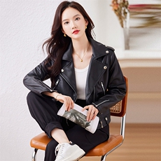 春秋新款海宁正品皮衣女短款韩版修身显瘦翻领机车皮夹克小外套潮，女装皮衣，江南女神