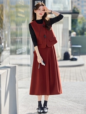 轻奢优雅风红色马甲套装裙女2026春季新款高级感通勤半身裙三件套，女装套装/套裙，意芙